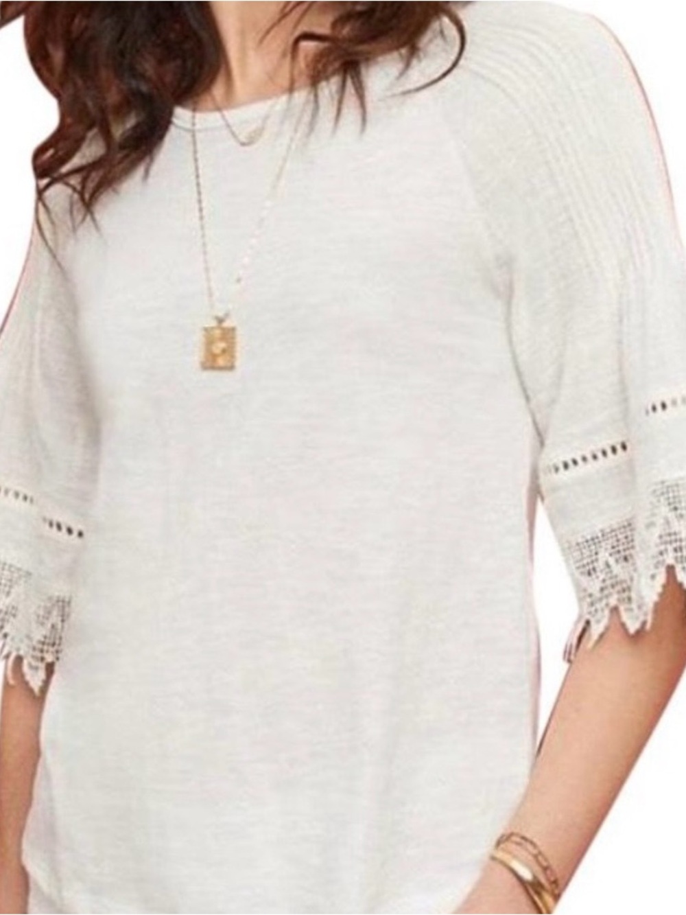 Anthropologie eri + ali White Crochet-Sleeve Women's Top